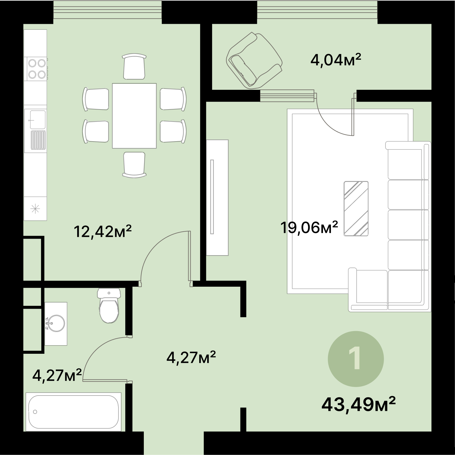 Планировка 43,49 м²
