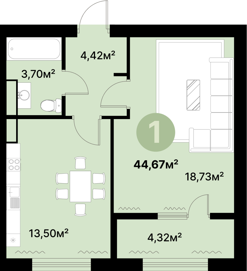 Планировка 44,67 м²