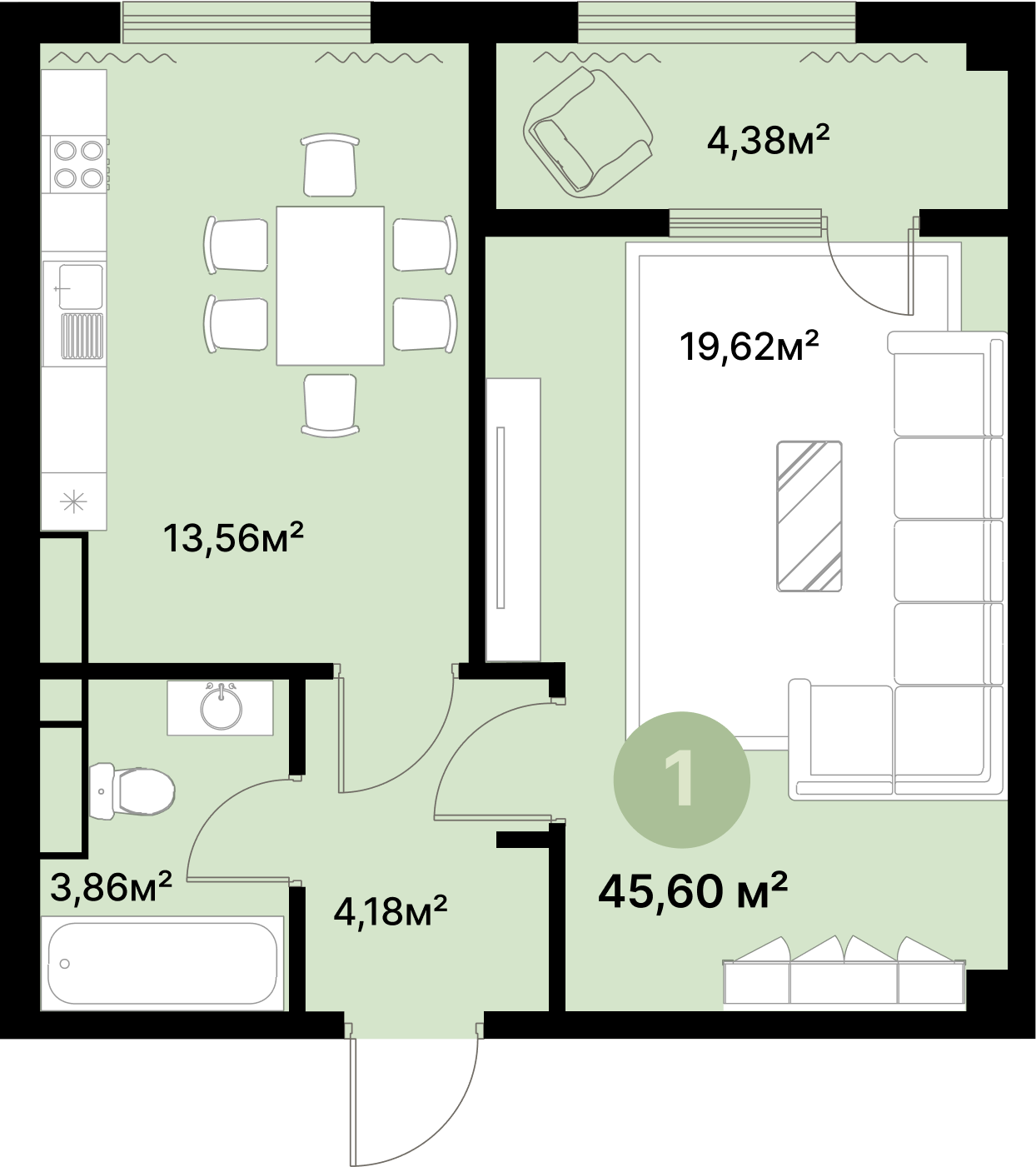Планировка 45,60 м²